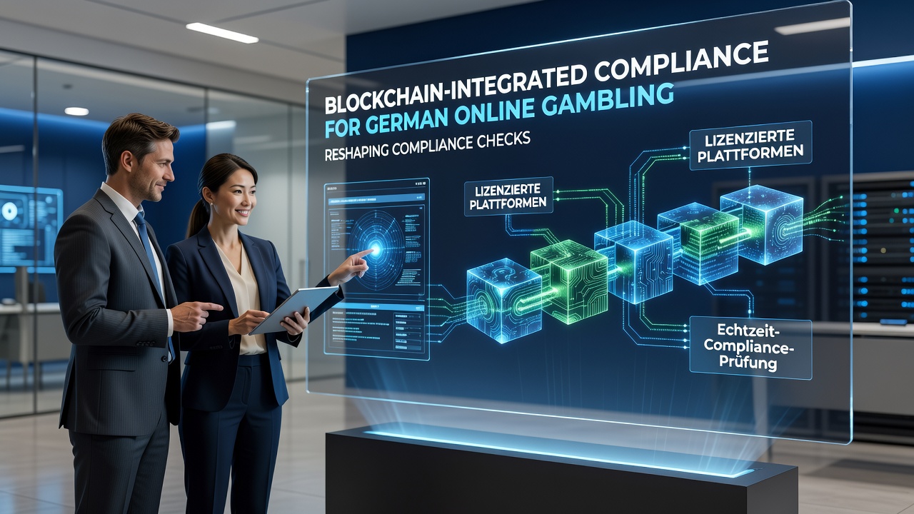 Blockchain network visualization overlaid on German gambling compliance documents showing secure transaction flows